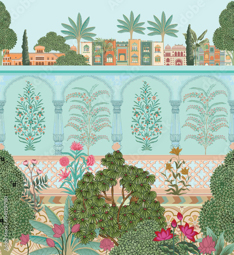 Wallpaper Mural Traditional Mughal style illustration of Jaipur landscape featuring palace, garden with domes, arched walls and flower plants Torontodigital.ca