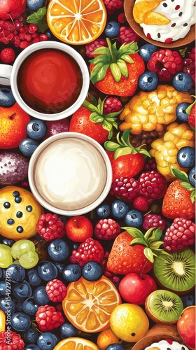 Colorful Arrangement of Fresh Fruits and Beverages on a Table