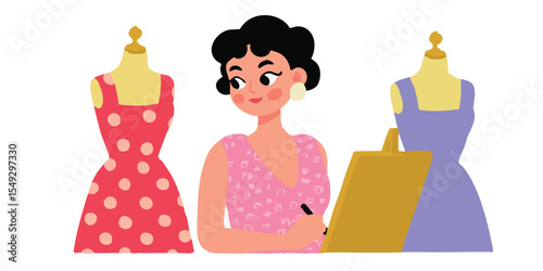 A fashion designer sketching designs, surrounded by mannequin dresses, creative illustration of a fashion visionary.