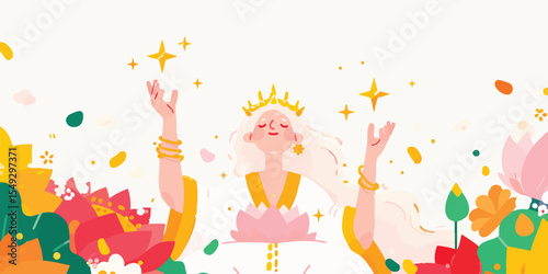 A serene goddess radiates tranquility, embodying divine grace amid a vibrant lotus garden. Illustrative art of a peaceful scene, where a figure embodies serenity and spiritual depth.