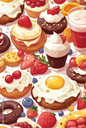 Colorful Dessert Pattern with Cakes, Fruits, and Sweet Treats