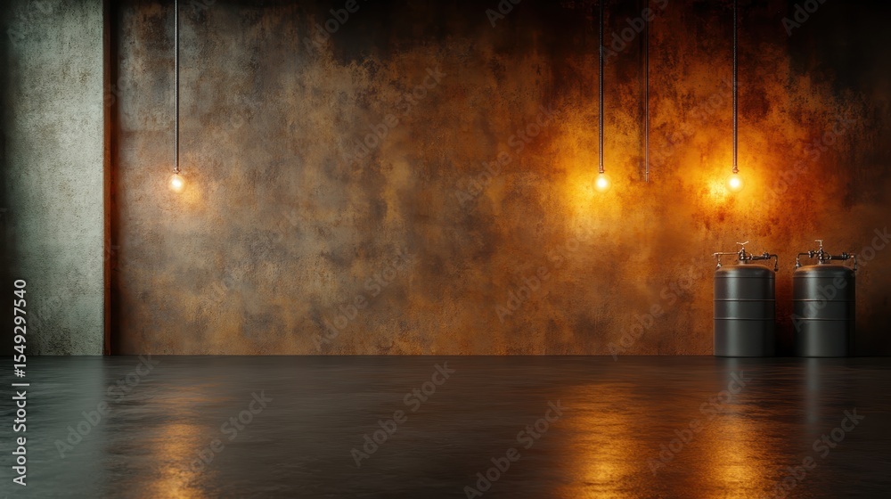 Obraz premium An industrial space featuring a rusty wall illuminated by warm hanging lights, creating an ambiance that blends modernity with a vintage feel, perfect for creative projects.