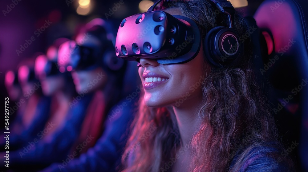 Obraz premium Immersive virtual reality experience, A group of young women enjoy a VR game