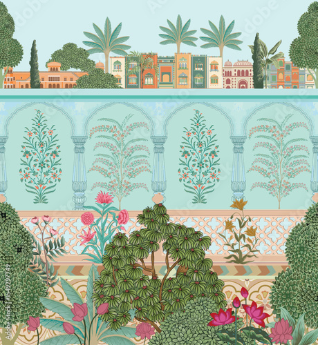 Traditional Mughal style illustration of Jaipur landscape featuring palace, garden with domes, arched walls and flower plants