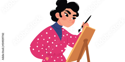 A focused artist in a studio meticulously applies brushstrokes to a canvas, showcasing the creative process in vibrant detail. 