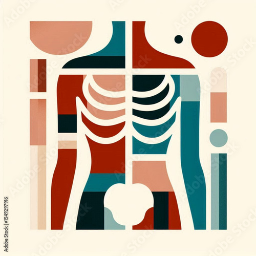 Abstract human body illustration with geometric shapes and vibrant colors