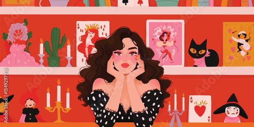 A dreamy illustration of a young woman with flowing brown hair, resting her chin on her hands, set against a backdrop of a vibrant red shelf filled with whimsical art pieces and tarot cards.