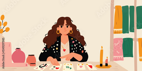 A captivating illustration of a seer, surrounded by her tarot cards, candles, and accessories. Capturing an air of mysticism, this scene invites introspection and exploration of the unseen.