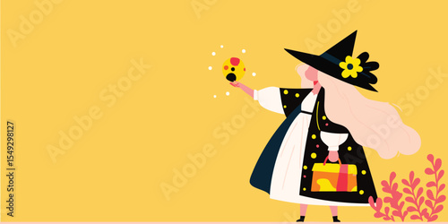 A charming illustration of a whimsical witch with blonde hair, casting a spell with a glowing orb, adds a touch of magic to any project.
