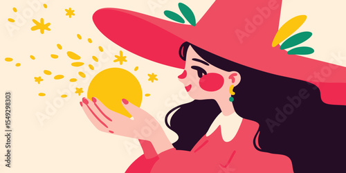 A whimsical illustration of a young witch, adorned in a stylish hat and dress, magically conjuring a radiant golden orb in her hands amidst a flurry of sparkling stars.