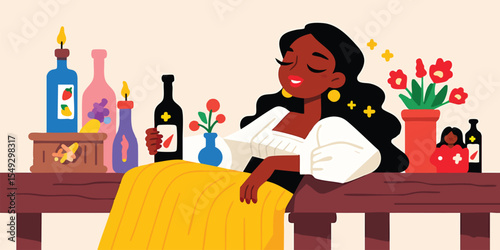 An illustration of a woman enjoying a peaceful moment, adorned with a floral theme. She is smiling with joy, next to candle and bottles in a calm scene.