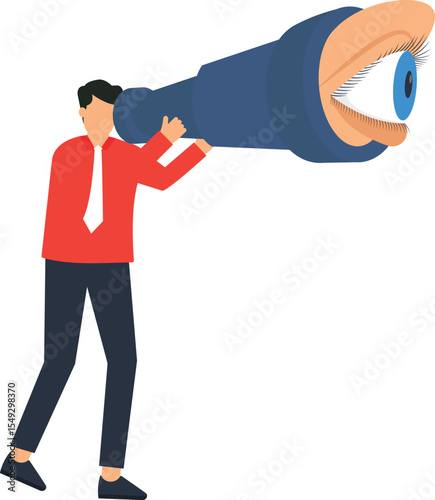 Businessman Using Giant Eye Telescope for Vision Future Strategy,business vision, strategic planning, foresight, future trends, market research, business strategy, long-term planning,