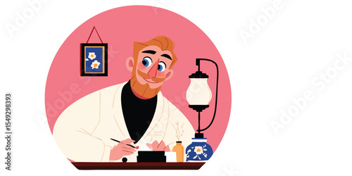 A charming illustration of a writer, crafting with pen and ink. The scene captures the spirit of creative expression.