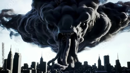 Dark, monstrous cloud looms over city skyline, revealing a terrifying face, symbolizing fear, apocalypse, environmental destruction, and urban threat