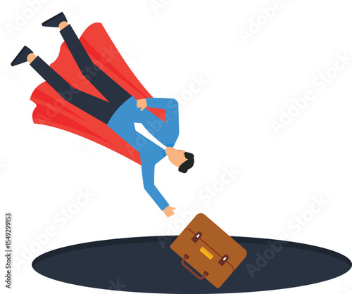 Businessman Falling into Pit with Briefcase Superhero Cape Failure,business failure, risk management, investment loss, financial crisis, business risk, unexpected challenges, strategy planning,