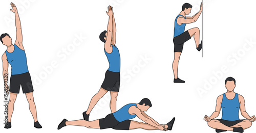 Fitness and Stretching Exercises: Full-Body Workout Illustration for Flexibility and Strength flat vector illustration