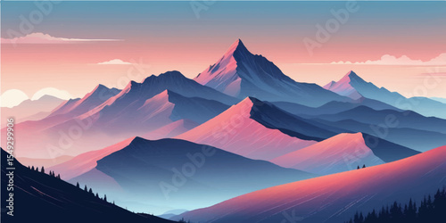Sunrise and sunset over misty mountain landscapes with a clear blue sky
