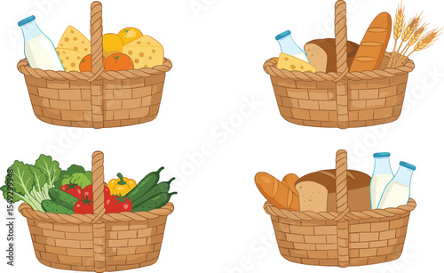 Vector illustration of food baskets with bread, milk, cheese, vegetables, healthy organic groceries, natural products, nutrition items, picnic elements for market and kitchen design