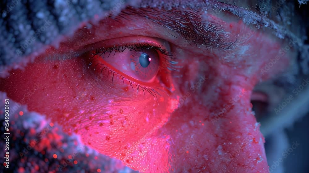 Red light casting dramatic illumination on frozen male face, blinking nervously while wearing protective wool cap amid harsh arctic weather conditions, revealing intense survival moment