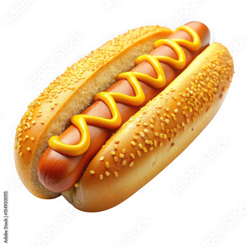 Hot Dog in Sesame Seed Bun with Mustard isolated on a transparent background yellow mustard