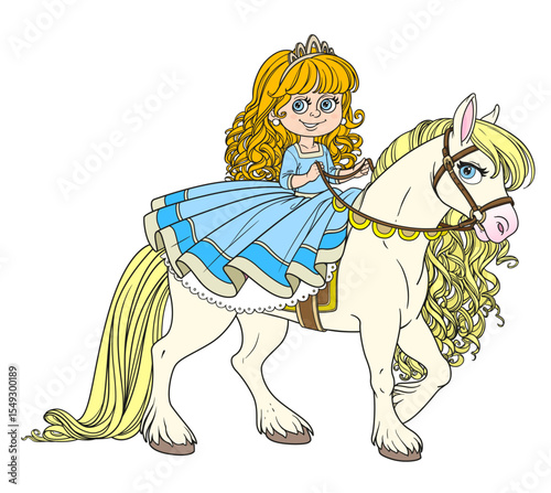 Cute cartoon little blond princess riding on a white horse with golden mane on white background