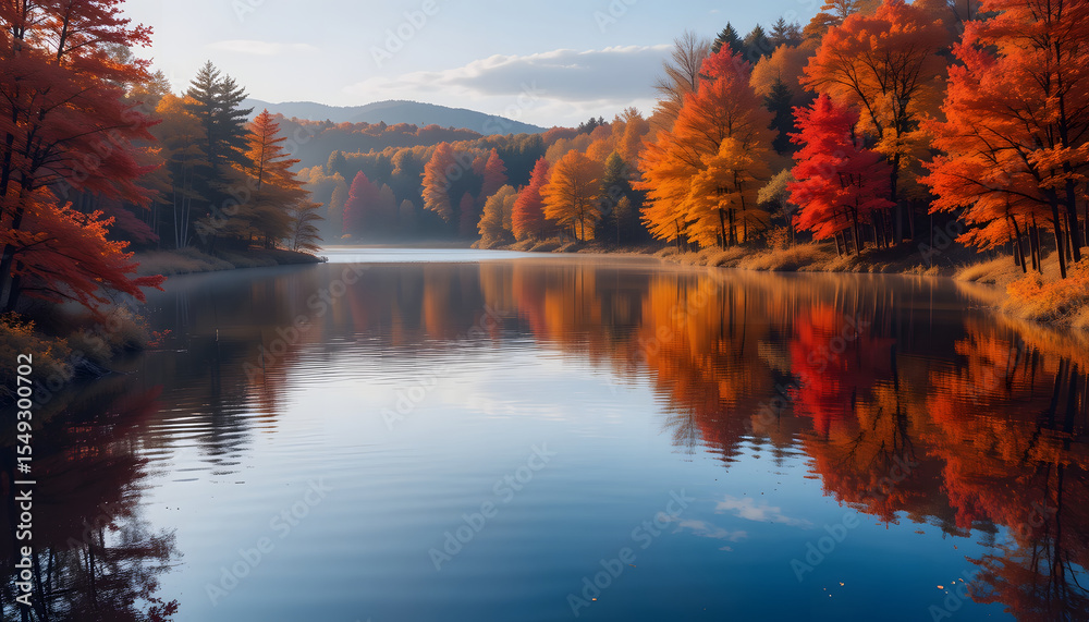 Obraz premium Vibrant autumn foliage reflected in a calm lake with sunlight casting golden hues