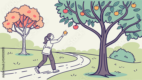 Woman Picking Fruit from Tree in Park Autumnal Scene Illustration