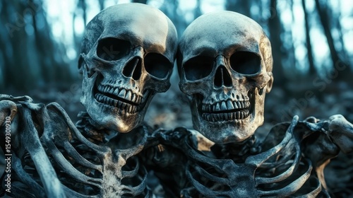This eerie image captures two human skulls closely situated in a dark forest, evoking themes of mortality, companionship, and the inevitability of death and decay in nature.