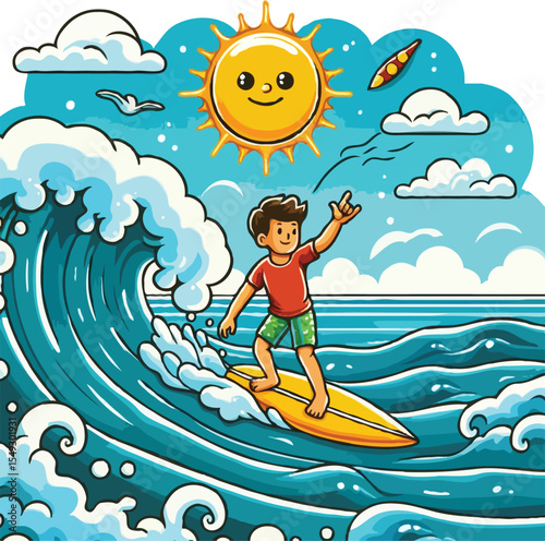 Vector a cartoon of a surfer riding a wave on a sunny day