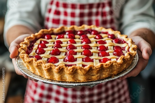 detailed color image of baker holding a freshly baked cherry pie yummy dessert