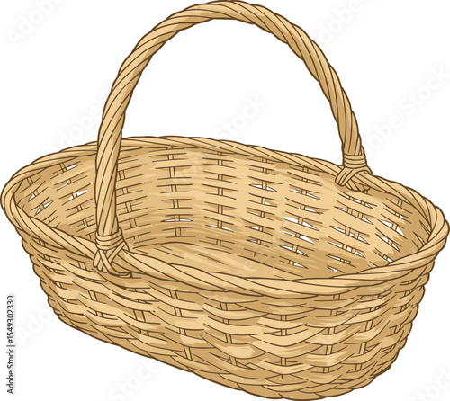 Empty wicker basket with handle, handwoven straw container illustration, rustic basket design, traditional weave, storage container, picnic accessory, natural material, realistic vector drawing