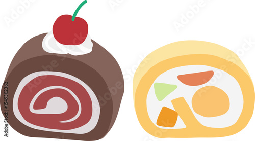 Roll Cake Illustration Set - Chocolate Cherry Roll and Fruit Roll Designs. Vector design elements.