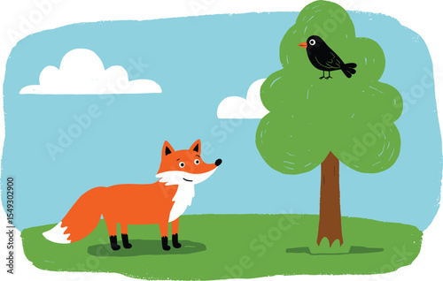 Cute cartoon fox and bird in nature, illustrated woodland scene, tree with bird, grassy field, sky background, forest animal art, kids story design