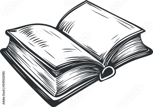 Black and white illustration of an open book with visible pages for reading and literature