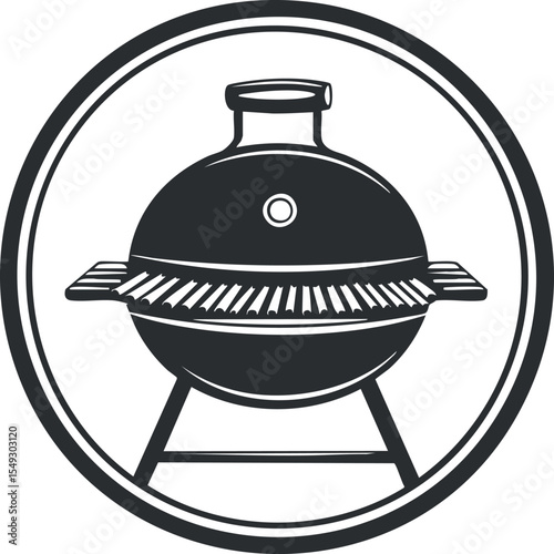Black and white vector illustration of a round kettle charcoal grill with lid and stand inside a circular frame