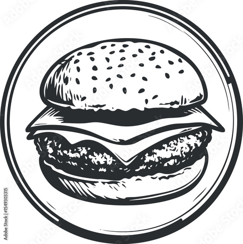 Black and white hand drawn illustration of a cheeseburger with sesame seed bun and patty