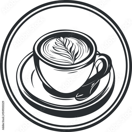 Black and white illustration of a coffee cup with latte art on a saucer viewed from above
