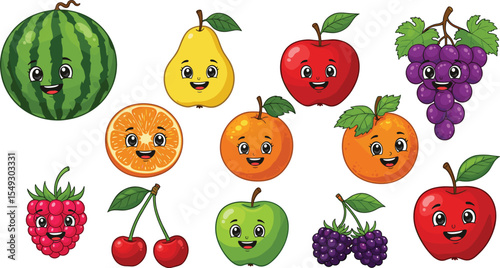 Cute cartoon fruit characters with happy faces, colorful fruits illustration for kids, smiling apple, orange, watermelon, grape, pear, cherry, raspberry, fun clipart