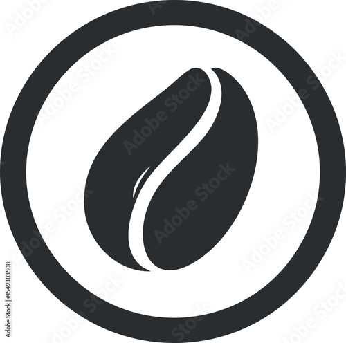 Black and white coffee bean icon inside a circle representing coffee and caffeine symbol