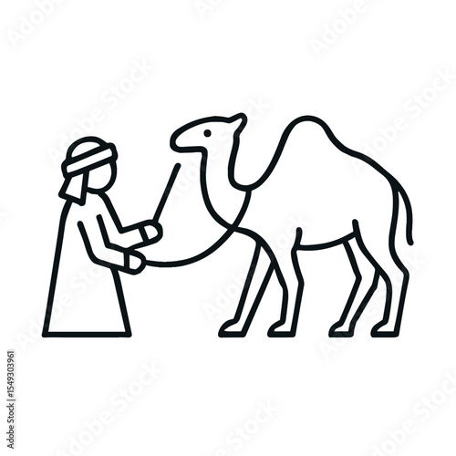 Man leading a camel in traditional attire with simple line art  