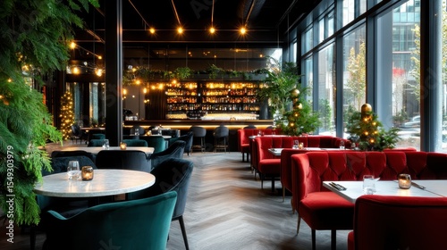 An elegant restaurant interior showcases stylish seating arrangements amidst ambient lighting and green decorative elements, creating a sophisticated and inviting atmosphere.