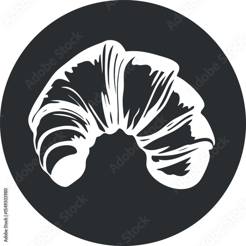 Black and white icon of a flaky croissant pastry on a round background symbolizing bakery and breakfast food