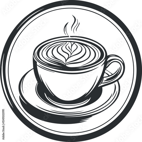 Black and white illustration of a hot latte coffee cup with latte art on a saucer inside a circle