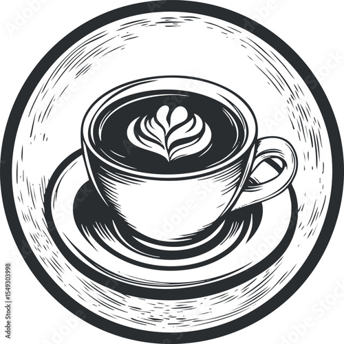 Black and white illustration of a coffee cup with latte art on a saucer in a circular frame