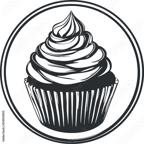Black and white illustration of a cupcake with swirled frosting inside a circular frame