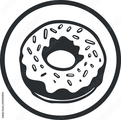 Black and white illustration of a donut with glaze and sprinkles on a round plate