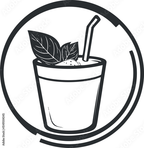 Black and white icon of a refreshing cocktail drink in a glass with a straw and mint leaves garnish
