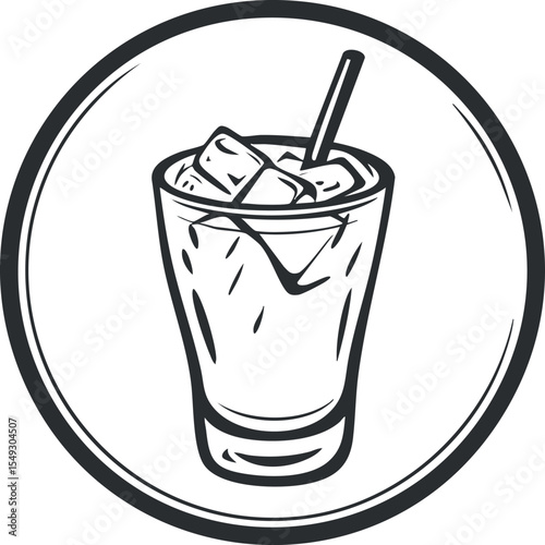 Black and white illustration of a glass filled with ice cubes and a straw in a circular frame symbolizing a cold drink