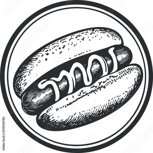 Black and white illustration of a hotdog with mustard in a bun inside a circular border