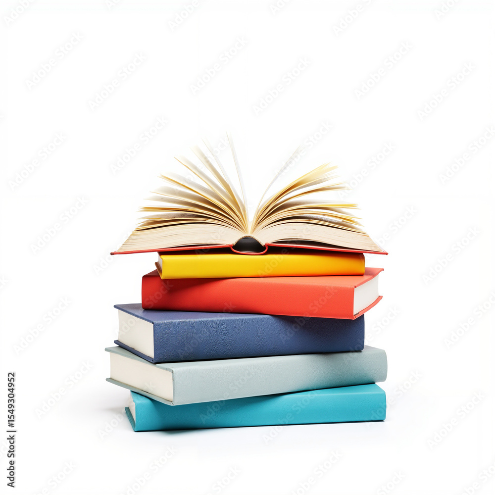 Fototapeta premium Stack of colorful books with an open book on top against a clean white background